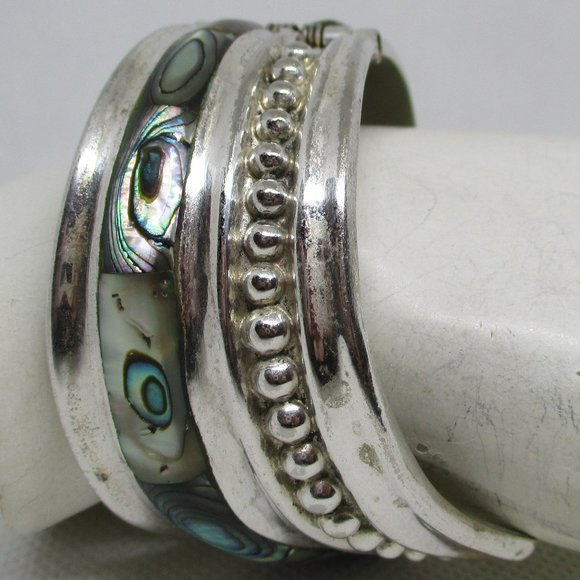 Wide ABALONE MEXICAN SILVER Clamper Mexican Cuff Bracelet Marked Alpaca Mexico - Picture 10 of 11